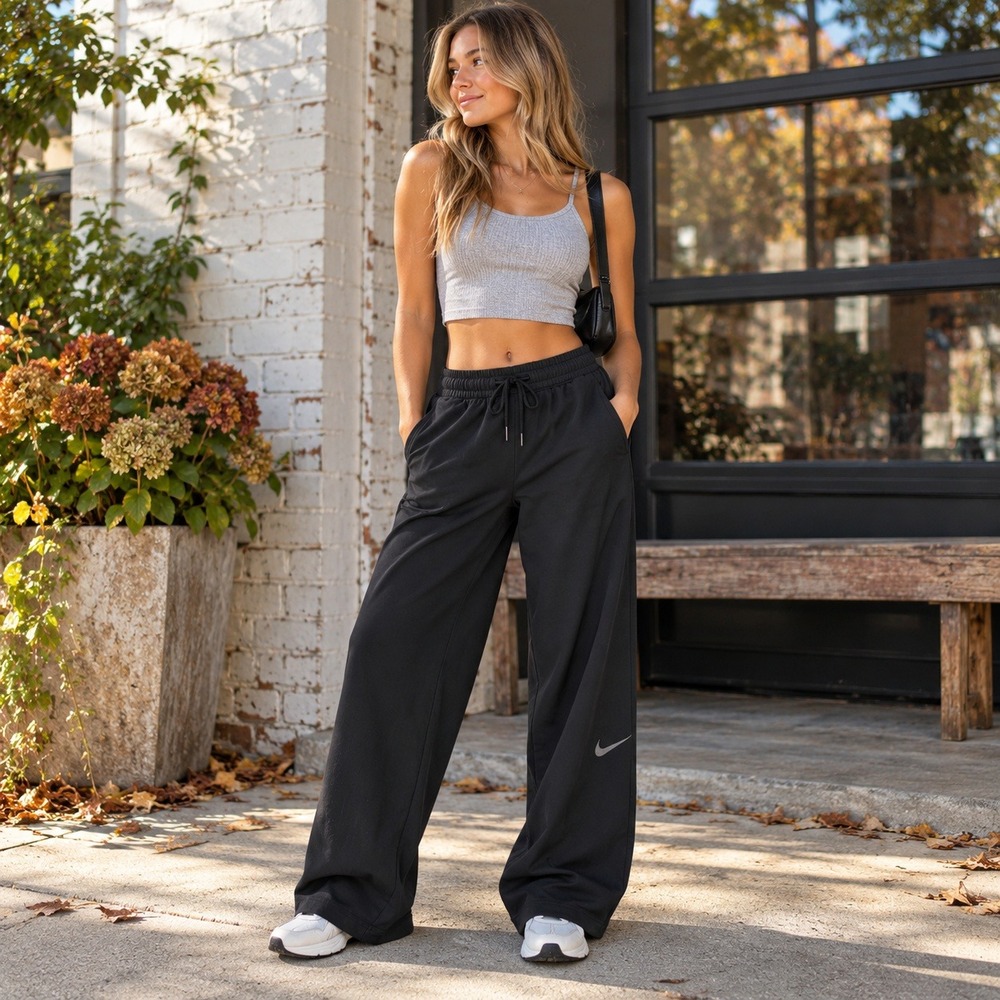 Nike Wide Leg Training Pants Baggy Dri-FIT Drawstring Stretch Black Women's XS